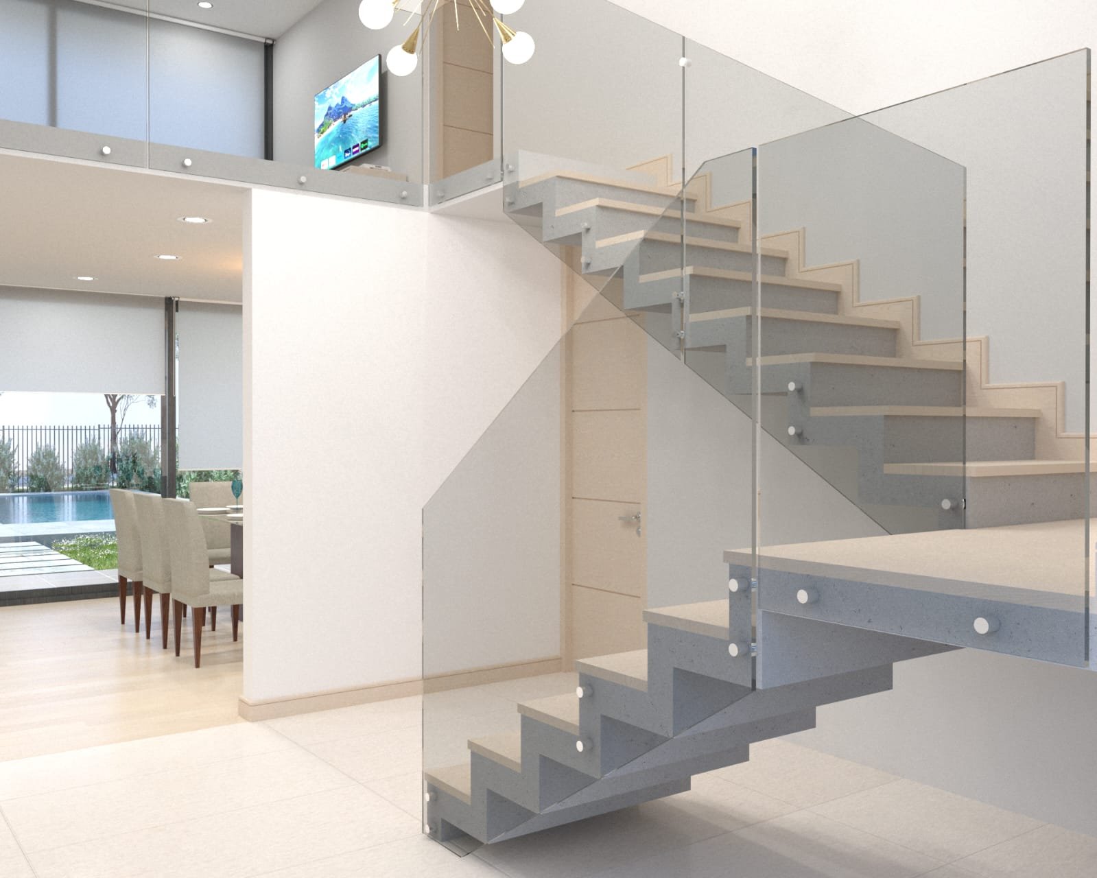 Baranda de vidrio instalada en una escalera interior contemporánea